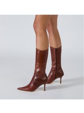 Pointed Toe Mid-Calf Leather Boots in Brown
